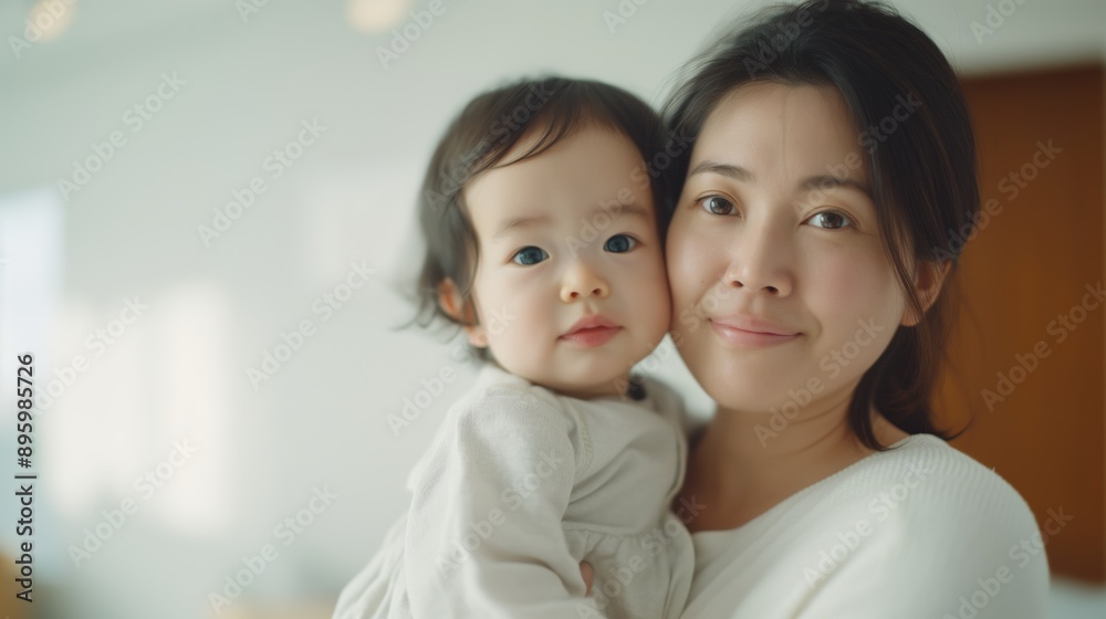 Wall mural woman holding baby girl inside a home.