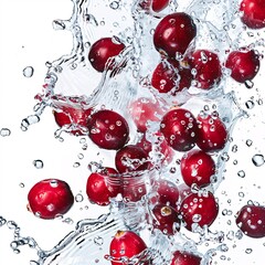 Bright red cranberries with water splashing around them, detailed interior against a pure white background, captured in 4K resolution