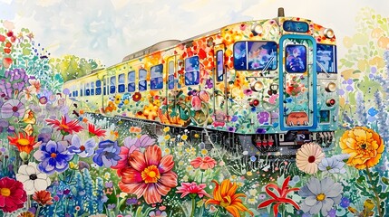 Obraz premium Vibrant Floral-Adorned Train Traversing Idyllic Landscape