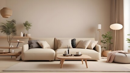 Japandi living room interior featuring a comfortable beige couch and a modern, minimalist apartment design