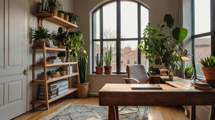 Obraz premium A cozy home office setup with a modern desk laptop houseplant