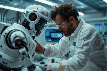Fototapeta premium A technician in a high-tech lab interacts with a humanoid robot, preparing it for operation, showcasing advancements in robotics and human-machine collaboration.