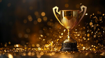 streamers competition Golden sport trophy confetti background streamer gold cup winner prize best illustration celebration succeed champion award. Champion golden trophy isolated on black background. 