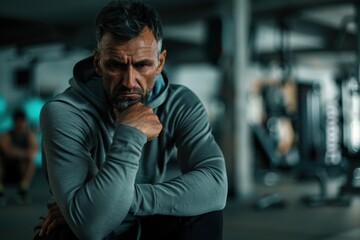 Obraz premium A man in gym gear sits alone, looking serious and deep in thought, reflecting on life or workout progress in a dimly lit gym setting, showcasing determination and mental focus.