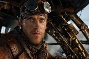 Obraz premium A brave steampunk airship pilot, sitting in the cockpit with a leather helmet and goggles, commands the controls while sweating intensely, embodying the spirit of adventure.