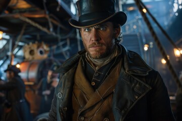 Fototapeta premium A steampunk character in a top hat and leather coat stands in a busy, industrial setting, embodying the retro-futuristic and adventurous nature of the steampunk genre.
