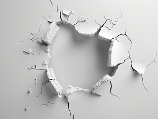 Broken hole in white wall. Abstract background..