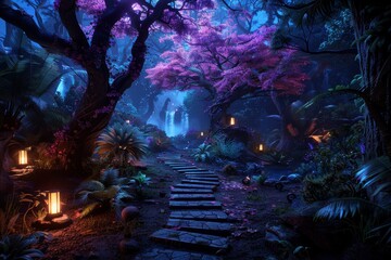 A magical forest path illuminated by glowing lanterns, surrounded by lush greenery and vibrant flowers, creating a serene and dreamlike atmosphere.