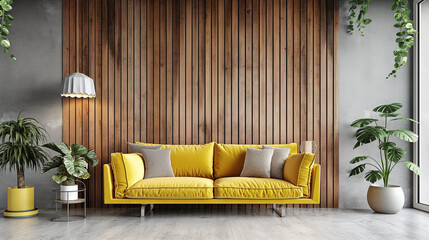A modern living room with concrete walls, yellow sofa and plants, creating an elegant space for relaxation and comfort
