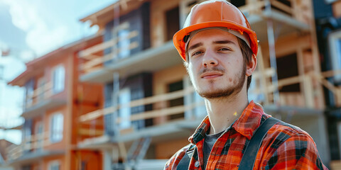 Portrait of a young carpenter in a helmet at the construction site of modular houses