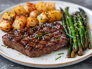 steak served on a white plate alongside a side of steamed asparagus and potatoes, garnished with herbs and a sprig of rosemary.