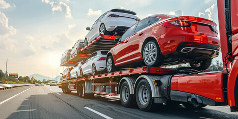 A car transporter trailer transports cars on a highway against a blue sky.