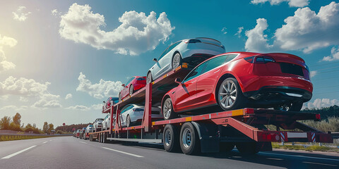A car transporter trailer transports cars on a highway against a blue sky.