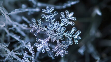 Close-up of a snowflake on a natural backdrop, revealing the delicate details of the frozen crystal