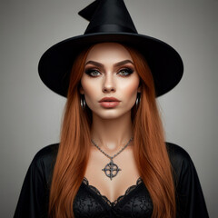Beautiful woman in witch costume with red hair closeup.