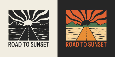 Retro illustration of a road heading to an elegant stylized sunset. © FerouFYN