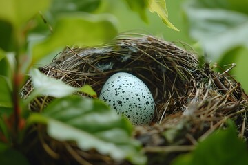 Obraz premium A Serene Nest with a Speckled Egg Surrounded by Lush Greenery
