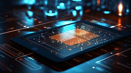 Fototapeta premium Data protection icon on a tablet screen with encrypted data overlay