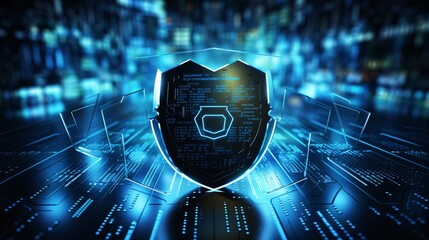 Abstract background with a shield and binary code representing cyber defense