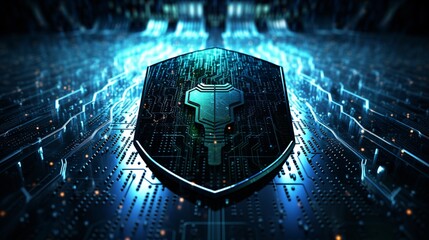 Abstract background with a shield and binary code representing cyber defense
