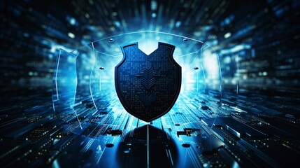Abstract background with a shield and binary code representing cyber defense