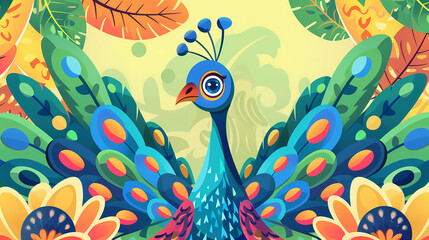Obraz premium Vibrant illustration of a colorful peacock with an array of intricate patterns and tropical floral elements.