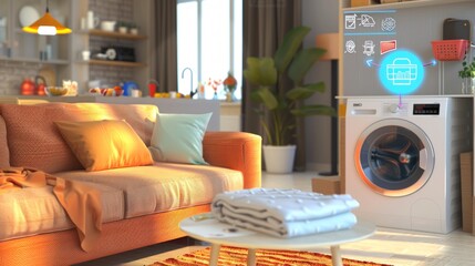 Modern living room with smart washing machine. Cozy apartment with orange sofa, cushions and modern appliances. Smart home setup enhancing daily life with technology. Laundry area integration. AI