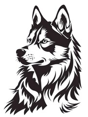 Black and white flat vector art of a Siberian Husky, svg style, isolated on white background, simple vector art design 