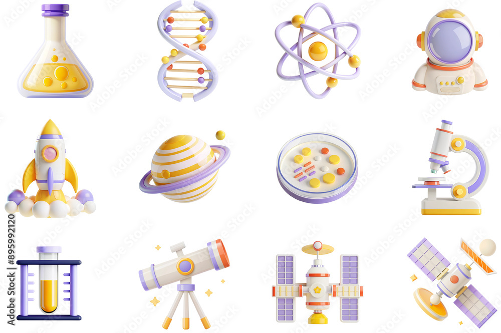 Poster science and space concept of 3d icons set in modern web design. pack isolated objects of lab test tu