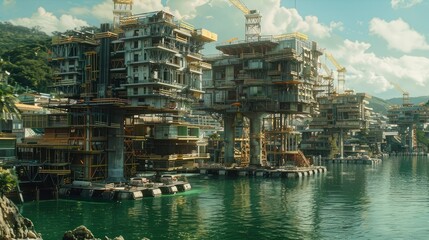 A floating city under construction in a coastal area, with buildings supported on sturdy platforms above the water.
