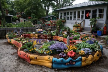 Obraz premium A playful garden featuring snake-shaped, brightly painted wooden elements interwoven with a variety of flowers, creating a whimsical and colorful artistic landscape.