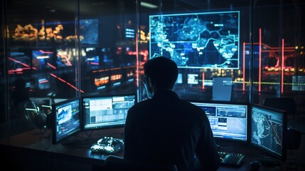 Security professional monitoring cyber threats in a control room