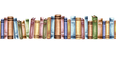 Books in vintage bindings lined on wooden shelf. Seamless border with old textbooks. Hand drawn watercolor illustration isolated. Knowledge for all. Template endlees background for wallpaper, covers. © susie_p_art