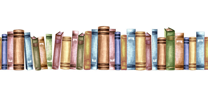 Books in vintage bindings lined on wooden shelf. Seamless border with old textbooks. Hand drawn watercolor illustration isolated. Knowledge for all. Template endlees background for wallpaper, covers.