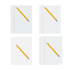 Set of realistic blank sheets of squared and ruled paper. with a pencil to write. Notes. Vector illustration