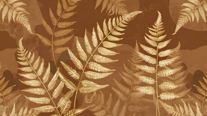 Background, wallpaper with golden fern leaves on a brown background. Graphics with a delicate plant motif