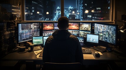 Security analyst working on threat detection software with multiple monitors