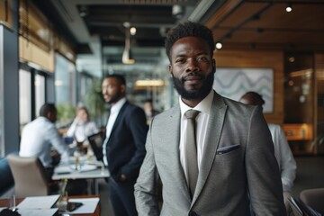 A confident businessman in a gray suit stands prominently in a modern office space, exuding professionalism and assertiveness amidst a busy working environment.