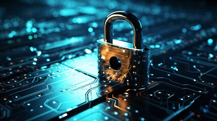 Digital lock icon overlaid on a background of binary code