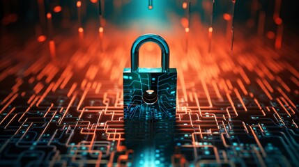 Digital lock icon overlaid on a background of binary code