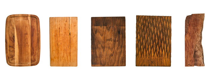 Wooden cutting board. Set of wooden cutting boards, round and rectangular shapes handmade wood cutting boards isolated on white background with clipping part. Elements for design.