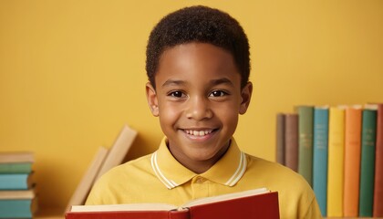 A happy african american schoolboy with a bright smile holds a pile of books while wearing a shirt, standing against a yellow backdrop, conveying enthusiasm for reading and school