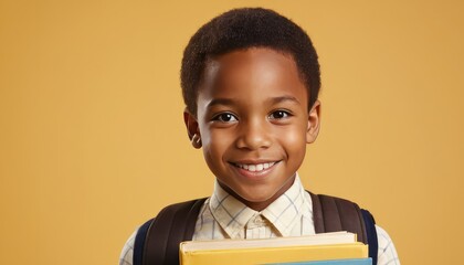 A happy african american schoolboy with a bright smile holds a pile of books while wearing a shirt, standing against a yellow backdrop, conveying enthusiasm for reading and school