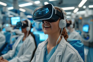 Group of medical learners in lab coats and VR headsets engaged in simulations within a medical facility, emphasizing the role of virtual reality in enhancing medical training.