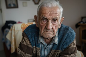 An elderly man sitting at home with a serious expression, surrounded by cozy, familiar objects, creating a quiet and introspective scene that speaks volumes about his thoughts.