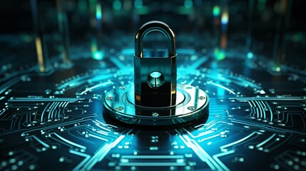 Digital lock icon on a computer screen with binary code