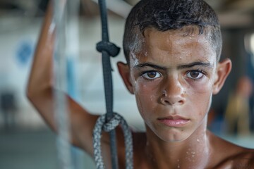 A young boy, drenched in sweat and gripping a rope, stares directly at the camera with an intense look of determination and focus, conveying strength and commitment.