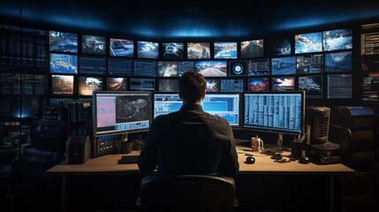 IT professional monitoring data security in a control room