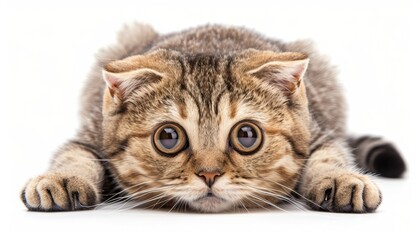 Obraz premium Funny Surprised Young Cat with Big Eyes Close-Up, Isolated on White Background, Scottish Fold Breed