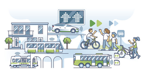 Obraz premium Future of transportation with green energy in modern society outline concept, transparent background. Environmental infrastructure and sustainable public transportation.